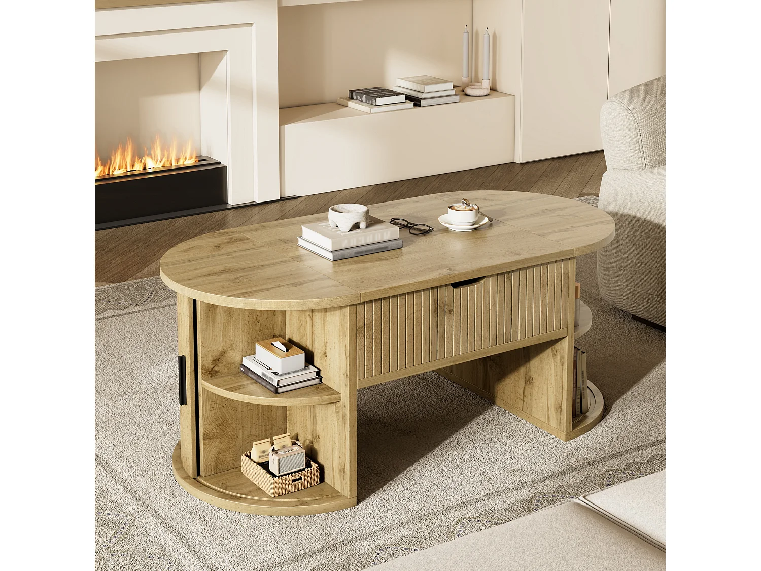 Höhenverstellbarer ovaler Beistelltisch 100x50x40,5 cm - Offene Regale und versteckter Stauraum - 2 Schiebetüren - MDF - Natur