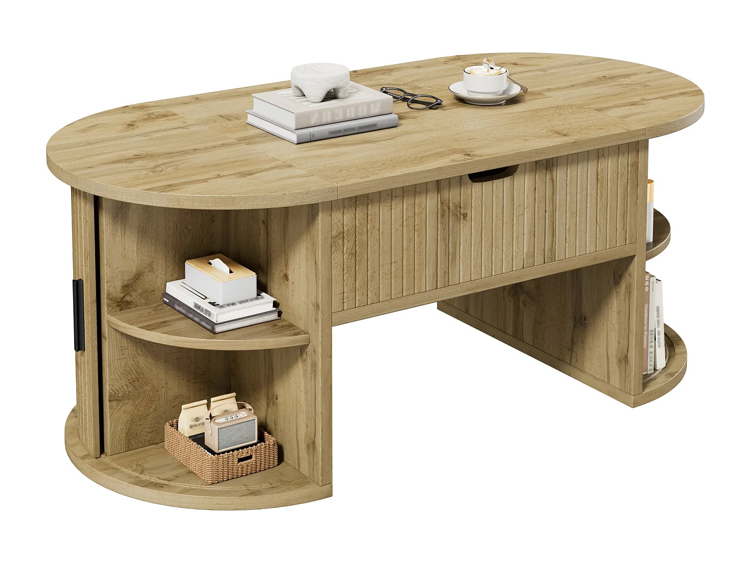 Höhenverstellbarer ovaler Beistelltisch 100x50x40,5 cm - Offene Regale und versteckter Stauraum - 2 Schiebetüren - MDF - Natur