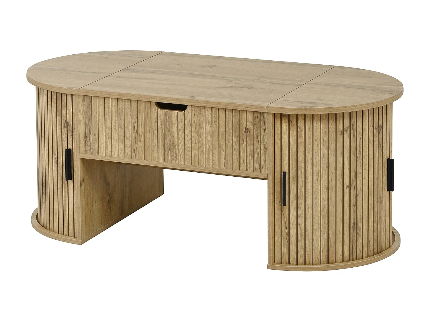 Höhenverstellbarer ovaler Beistelltisch 100x50x40,5 cm - Offene Regale und versteckter Stauraum - 2 Schiebetüren - MDF - Natur