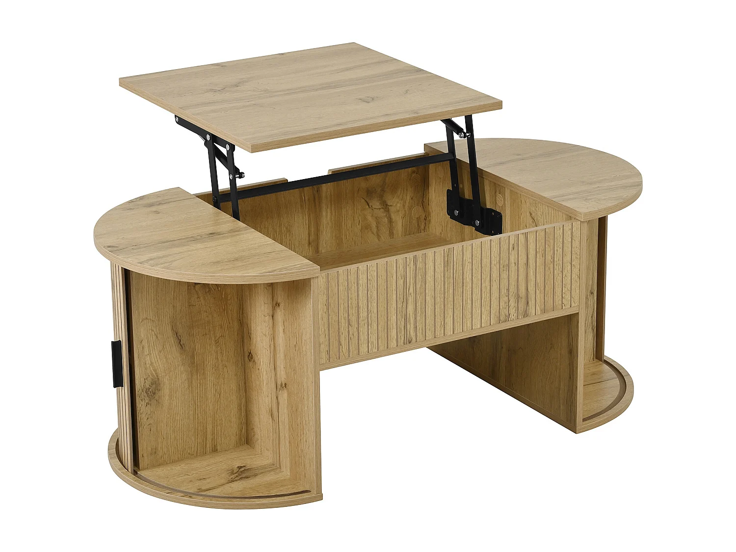 Höhenverstellbarer ovaler Beistelltisch 100x50x40,5 cm - Offene Regale und versteckter Stauraum - 2 Schiebetüren - MDF - Natur