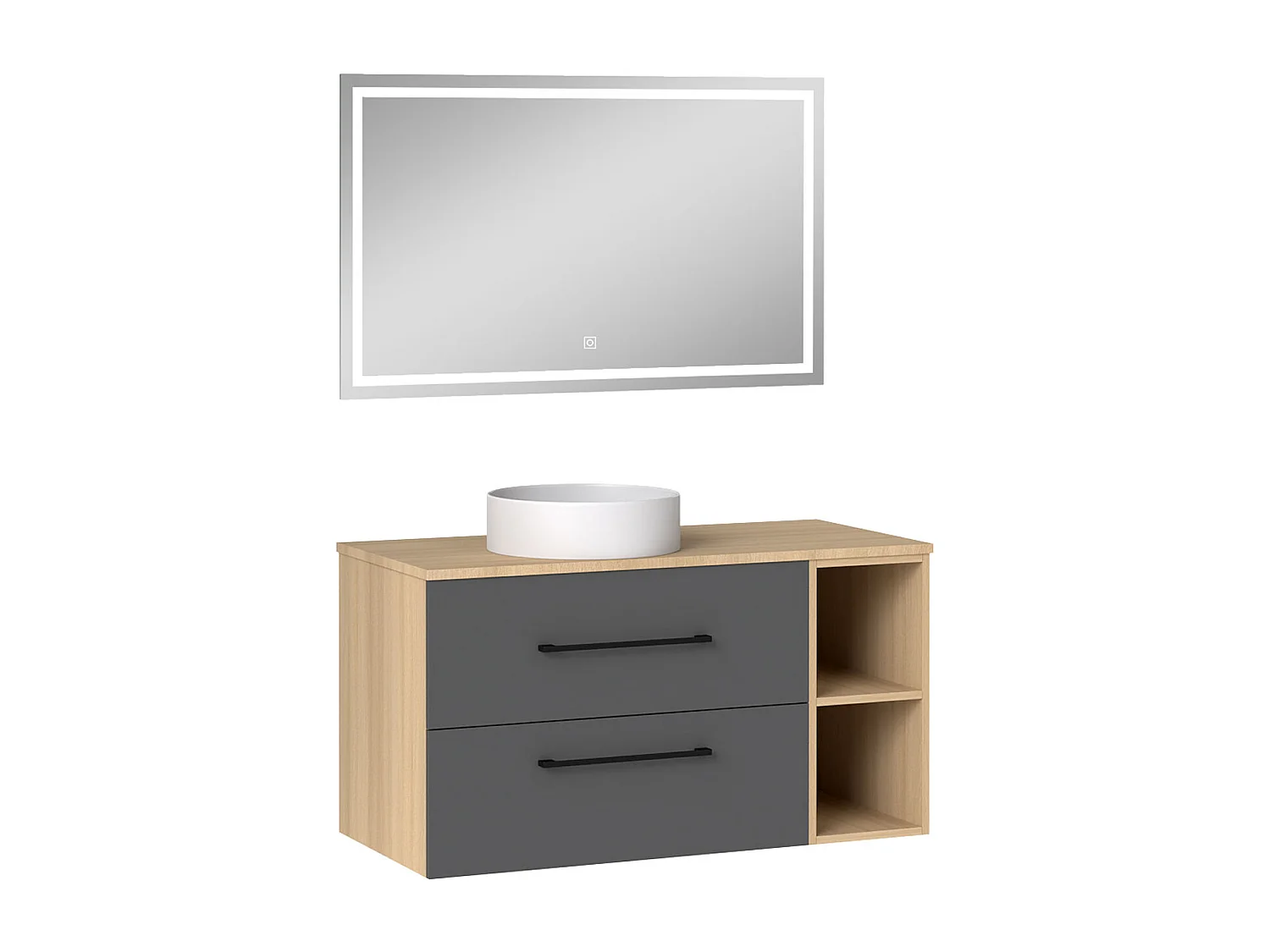 AICA Ensemble meuble de Salle de Bain Suspendu 100cm avec vasque à poser + 2 Rangements Ouverts, Miroir LED Dimmable