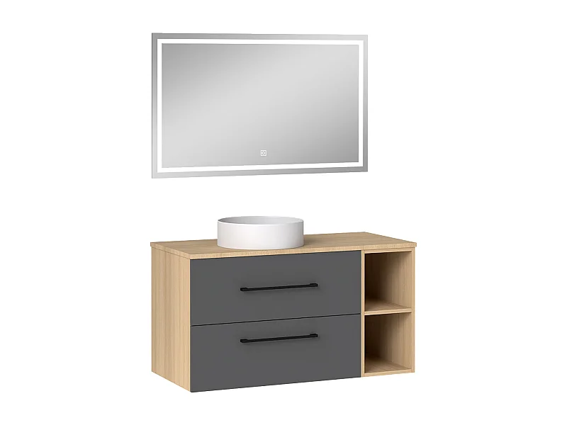 AICA Ensemble meuble de Salle de Bain Suspendu 100cm avec vasque à poser + 2 Rangements Ouverts, Miroir LED Dimmable