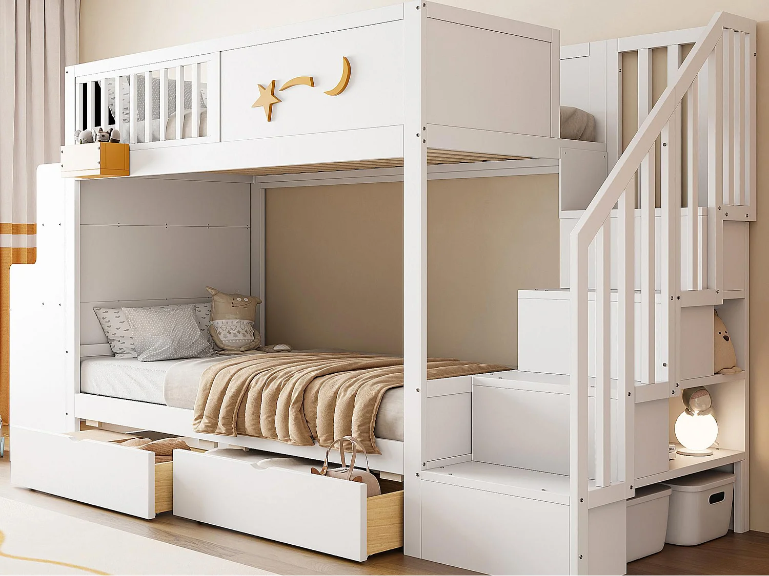 Lit superposé enfant 90 x 200 cm - avec 2 tiroirs - avec escalier de sécurité - avec bureau - blanc (matelas non inclus)