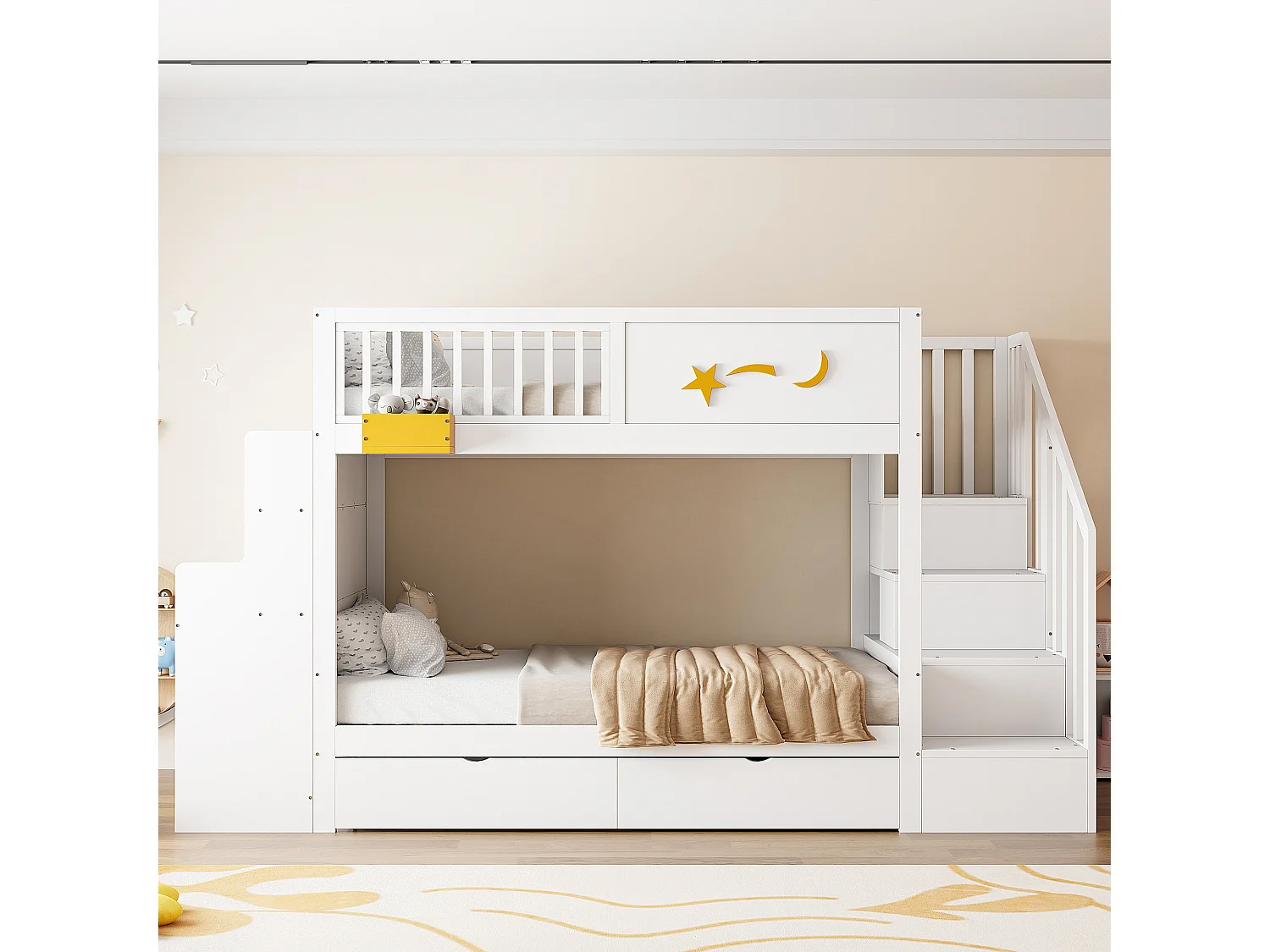 Lit superposé enfant 90 x 200 cm - avec 2 tiroirs - avec escalier de sécurité - avec bureau - blanc (matelas non inclus)