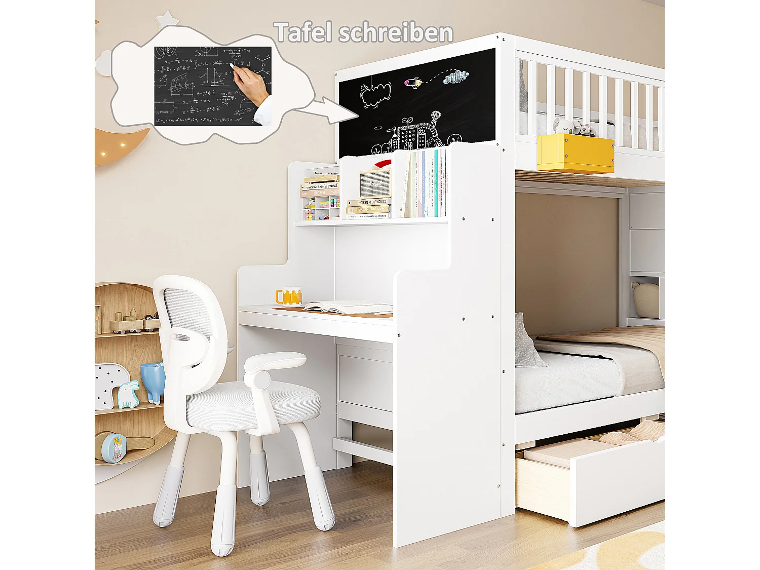 Lit superposé enfant 90 x 200 cm - avec 2 tiroirs - avec escalier de sécurité - avec bureau - blanc (matelas non inclus)