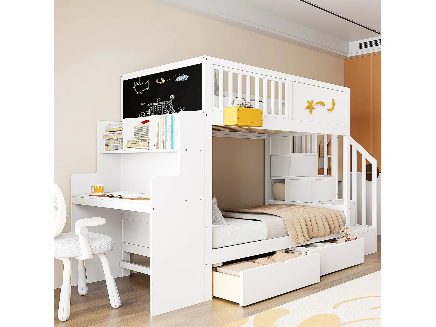 Lit superposé enfant 90 x 200 cm - avec 2 tiroirs - avec escalier de sécurité - avec bureau - blanc (matelas non inclus)
