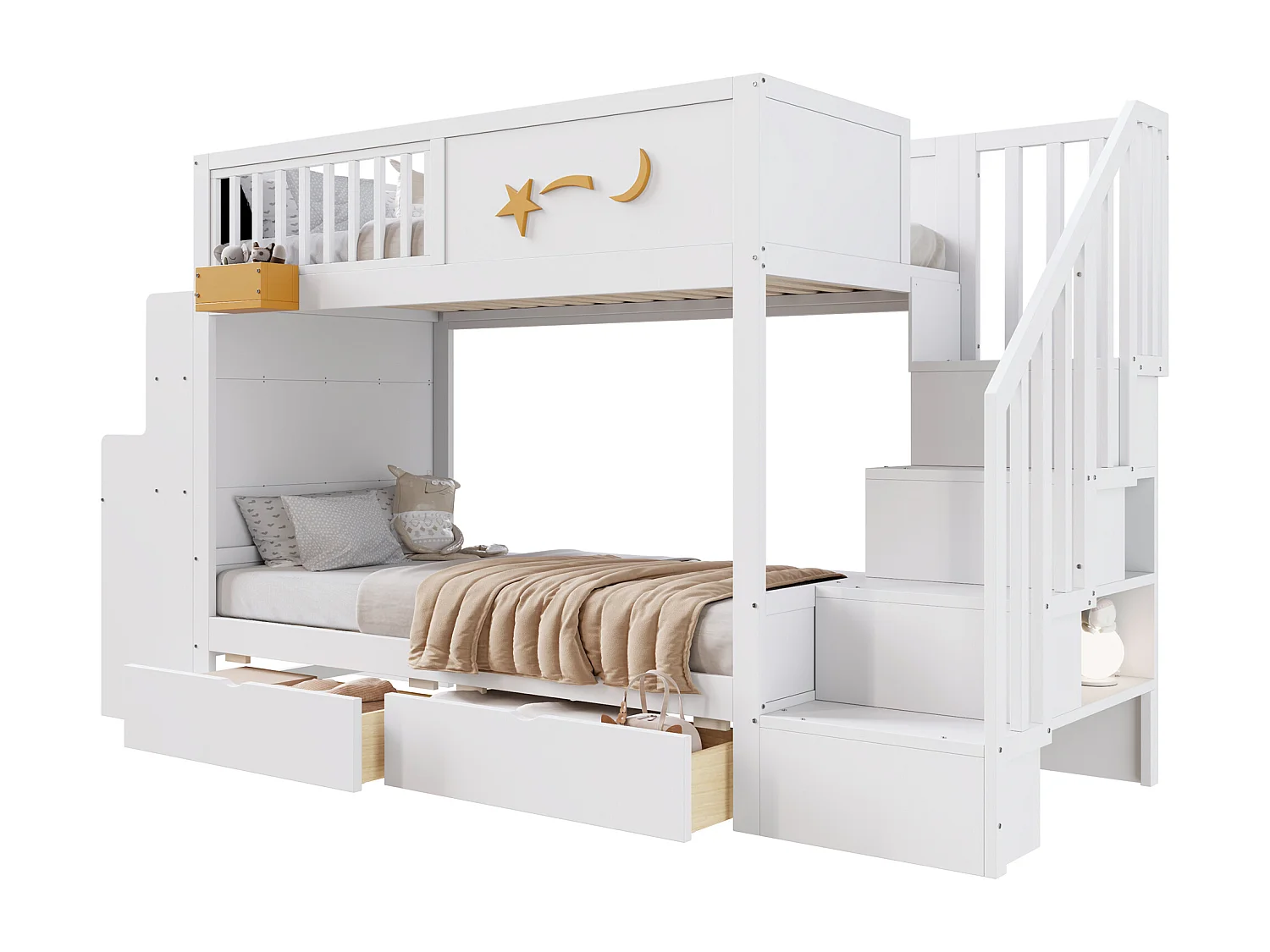 Lit superposé enfant 90 x 200 cm - avec 2 tiroirs - avec escalier de sécurité - avec bureau - blanc (matelas non inclus)