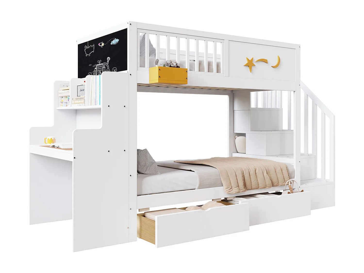 Lit superposé enfant 90 x 200 cm - avec 2 tiroirs - avec escalier de sécurité - avec bureau - blanc (matelas non inclus)