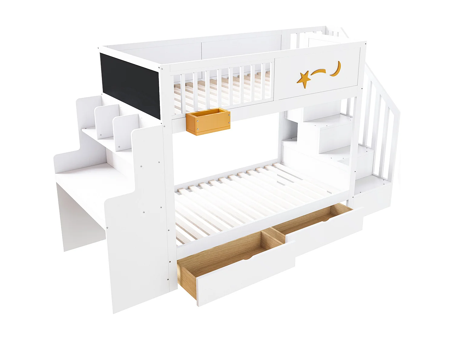 Lit superposé enfant 90 x 200 cm - avec 2 tiroirs - avec escalier de sécurité - avec bureau - blanc (matelas non inclus)