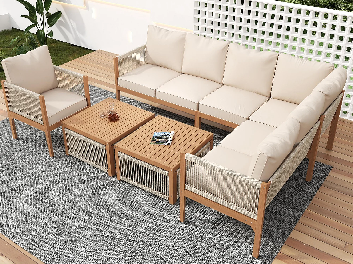 Modulares Garten-Salon aus Akazienholz - geeignet für 7 Personen - 2 Sofas, 2 Sessel und 2 Beistelltische - Beige