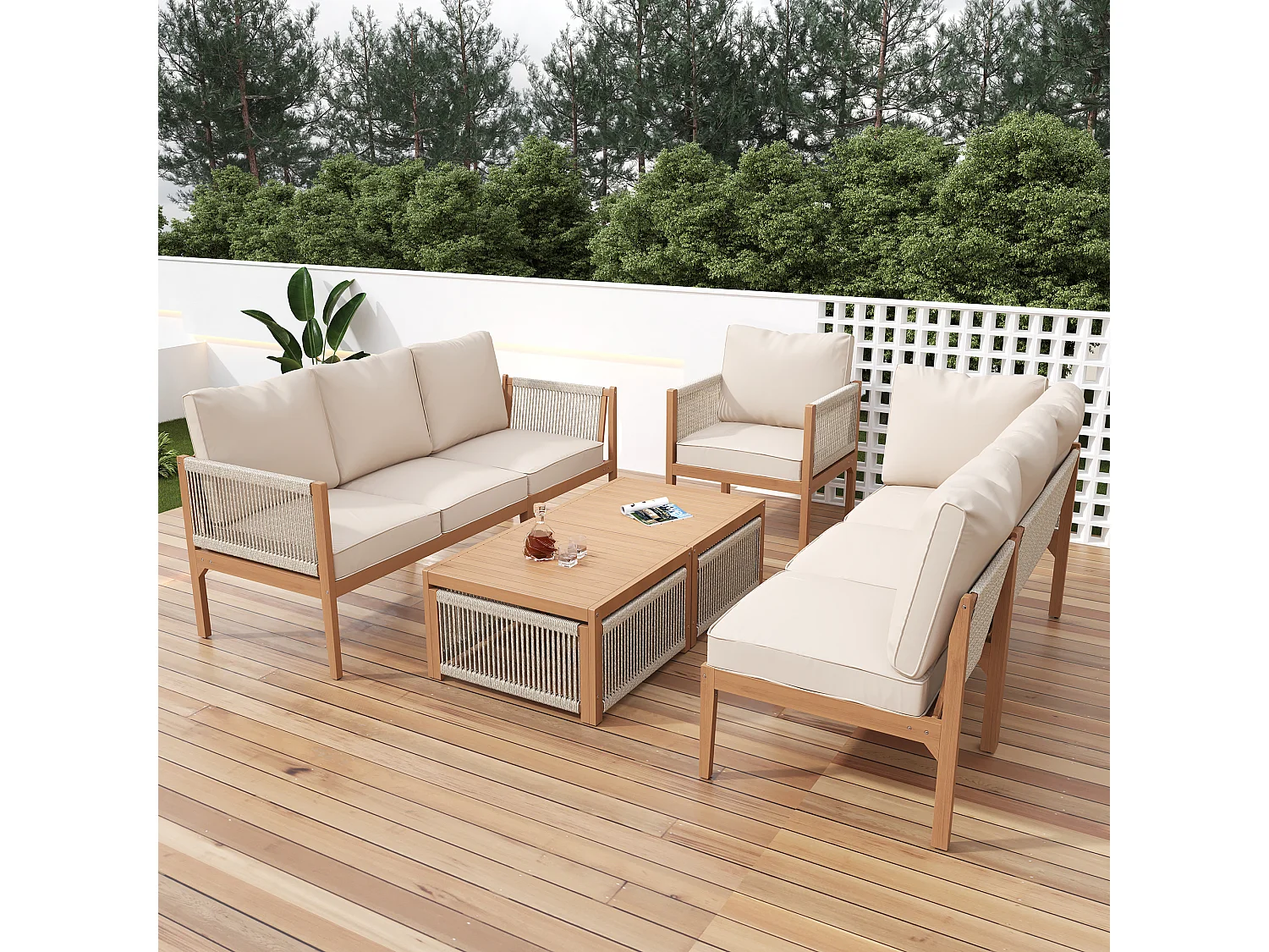 Modulares Garten-Salon aus Akazienholz - geeignet für 7 Personen - 2 Sofas, 2 Sessel und 2 Beistelltische - Beige