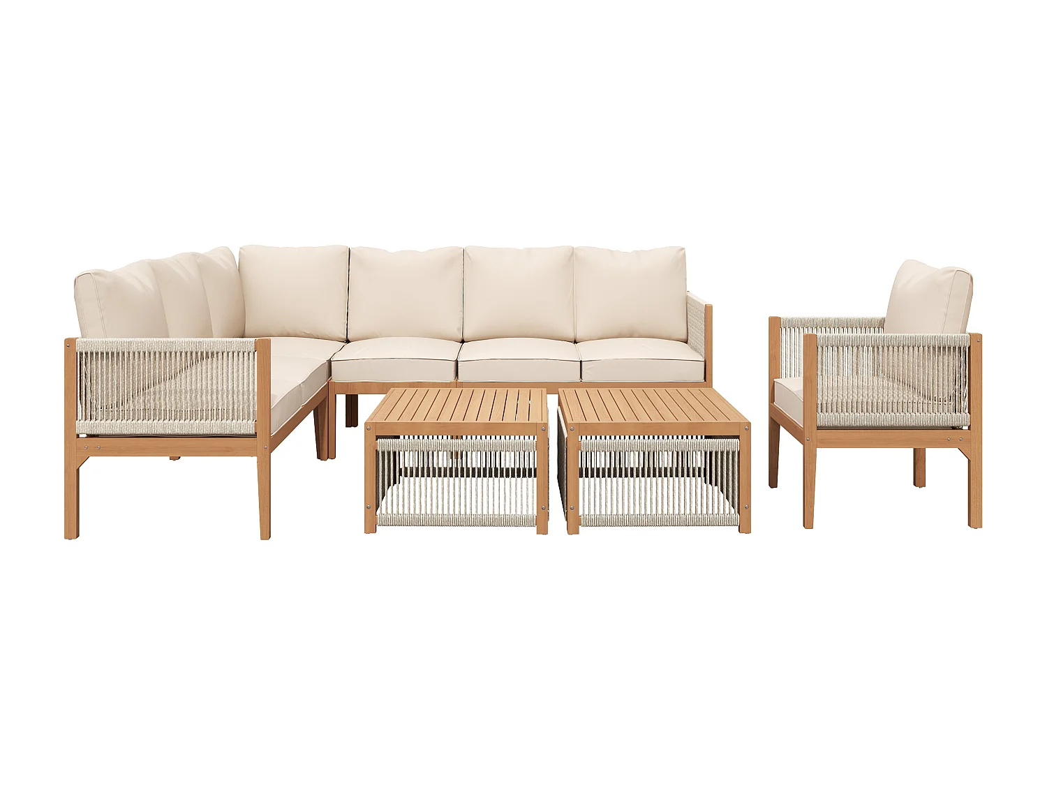 Modulares Garten-Salon aus Akazienholz - geeignet für 7 Personen - 2 Sofas, 2 Sessel und 2 Beistelltische - Beige