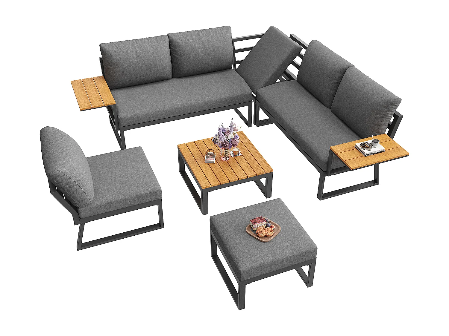 Salon de jardin, ensemble de meubles en bois-plastique pour 6-7 personnes  - canapé d'angle - en fer galvanisé - tables - 1 Chaise - banc, Gris