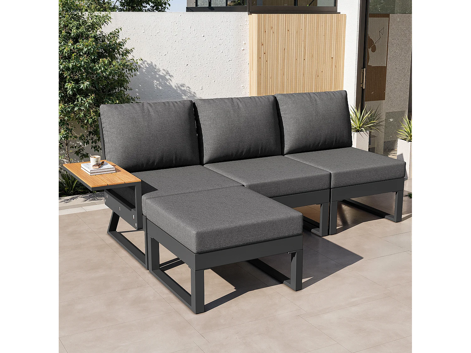 Salon de jardin, ensemble de meubles en bois-plastique pour 6-7 personnes  - canapé d'angle - en fer galvanisé - tables - 1 Chaise - banc, Gris