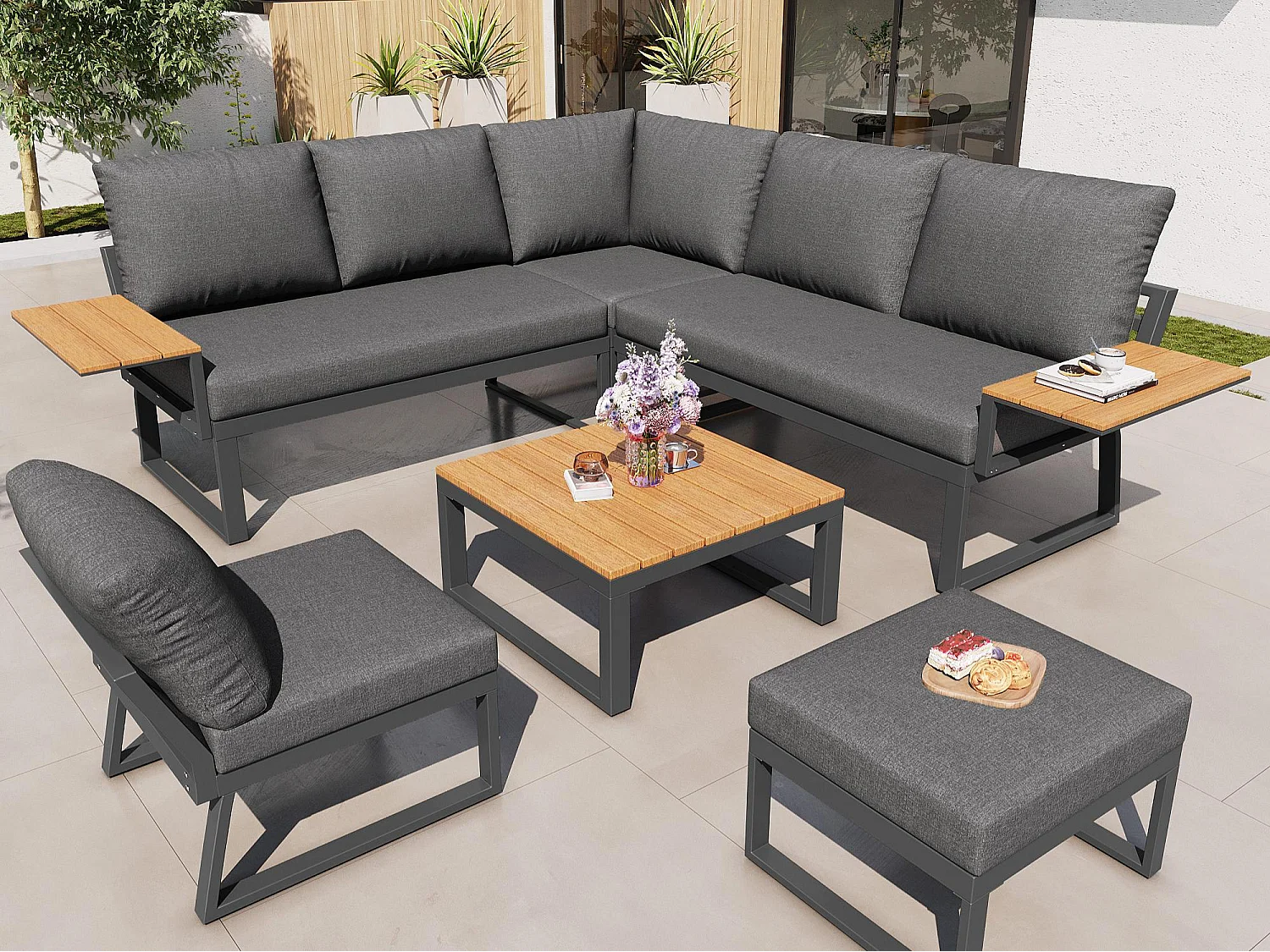 Garten-Salon, Möbelset aus Kunstholz für 6-7 Personen - Ecksofa - aus verzinktem Eisen - Tische - 1 Stuhl - Bank, Grau