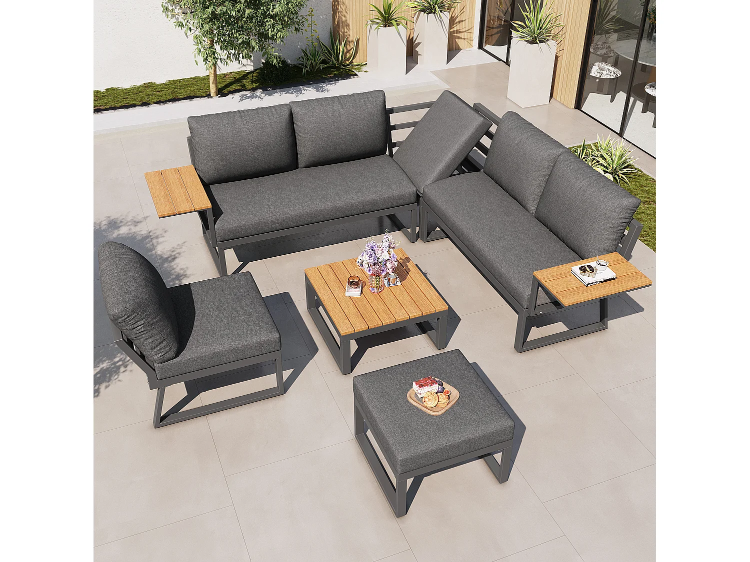Garten-Salon, Möbelset aus Kunstholz für 6-7 Personen - Ecksofa - aus verzinktem Eisen - Tische - 1 Stuhl - Bank, Grau
