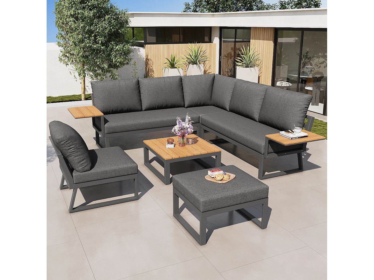 Garten-Salon, Möbelset aus Kunstholz für 6-7 Personen - Ecksofa - aus verzinktem Eisen - Tische - 1 Stuhl - Bank, Grau