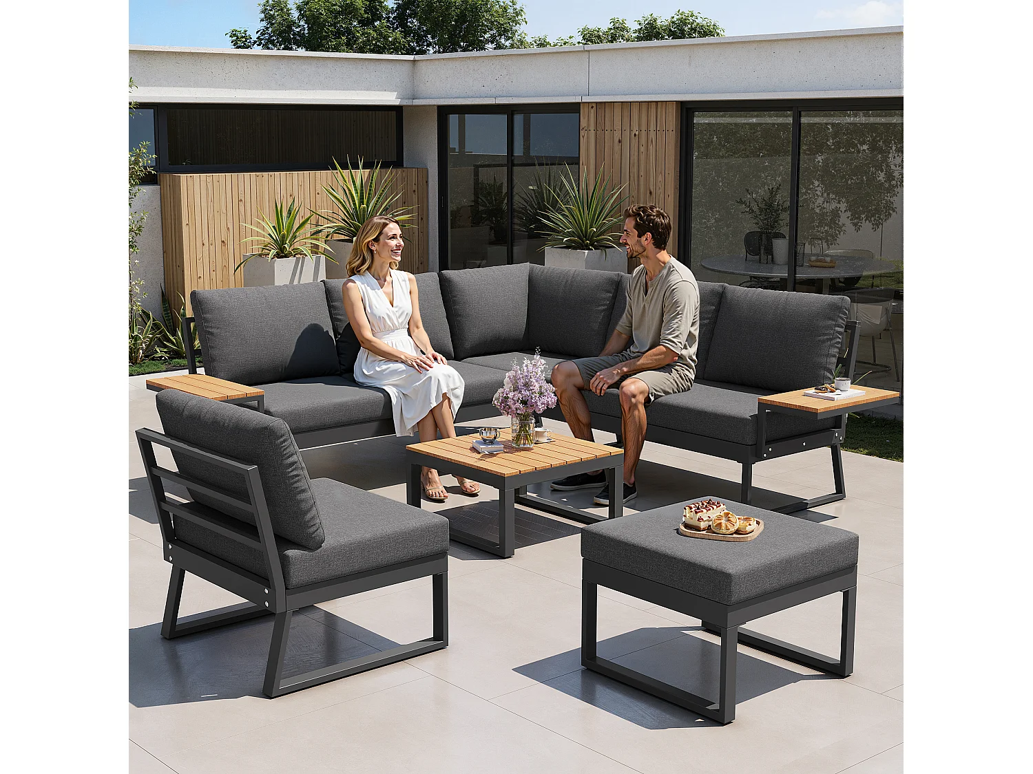 Garten-Salon, Möbelset aus Kunstholz für 6-7 Personen - Ecksofa - aus verzinktem Eisen - Tische - 1 Stuhl - Bank, Grau