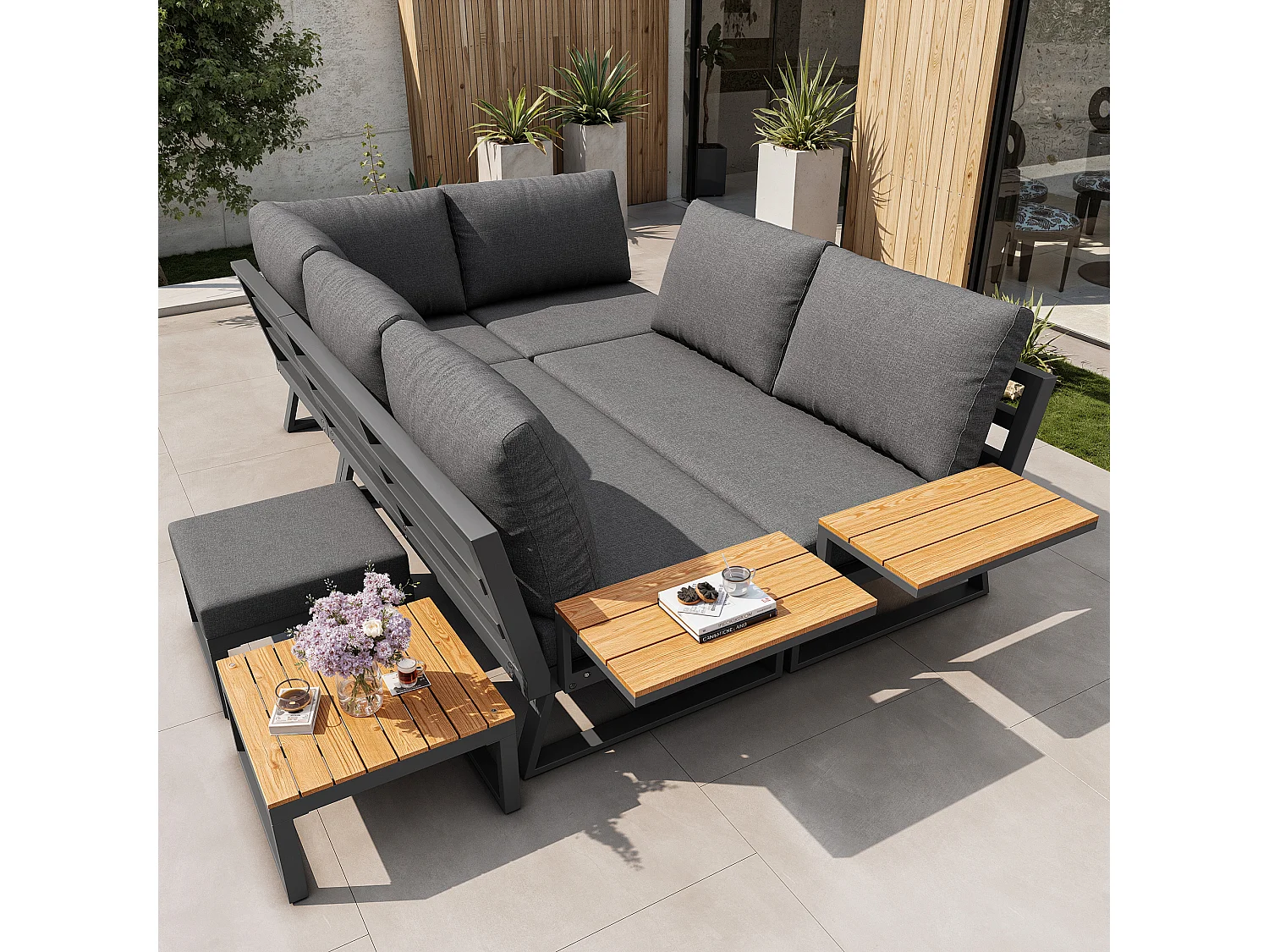 Garten-Salon, Möbelset aus Kunstholz für 6-7 Personen - Ecksofa - aus verzinktem Eisen - Tische - 1 Stuhl - Bank, Grau