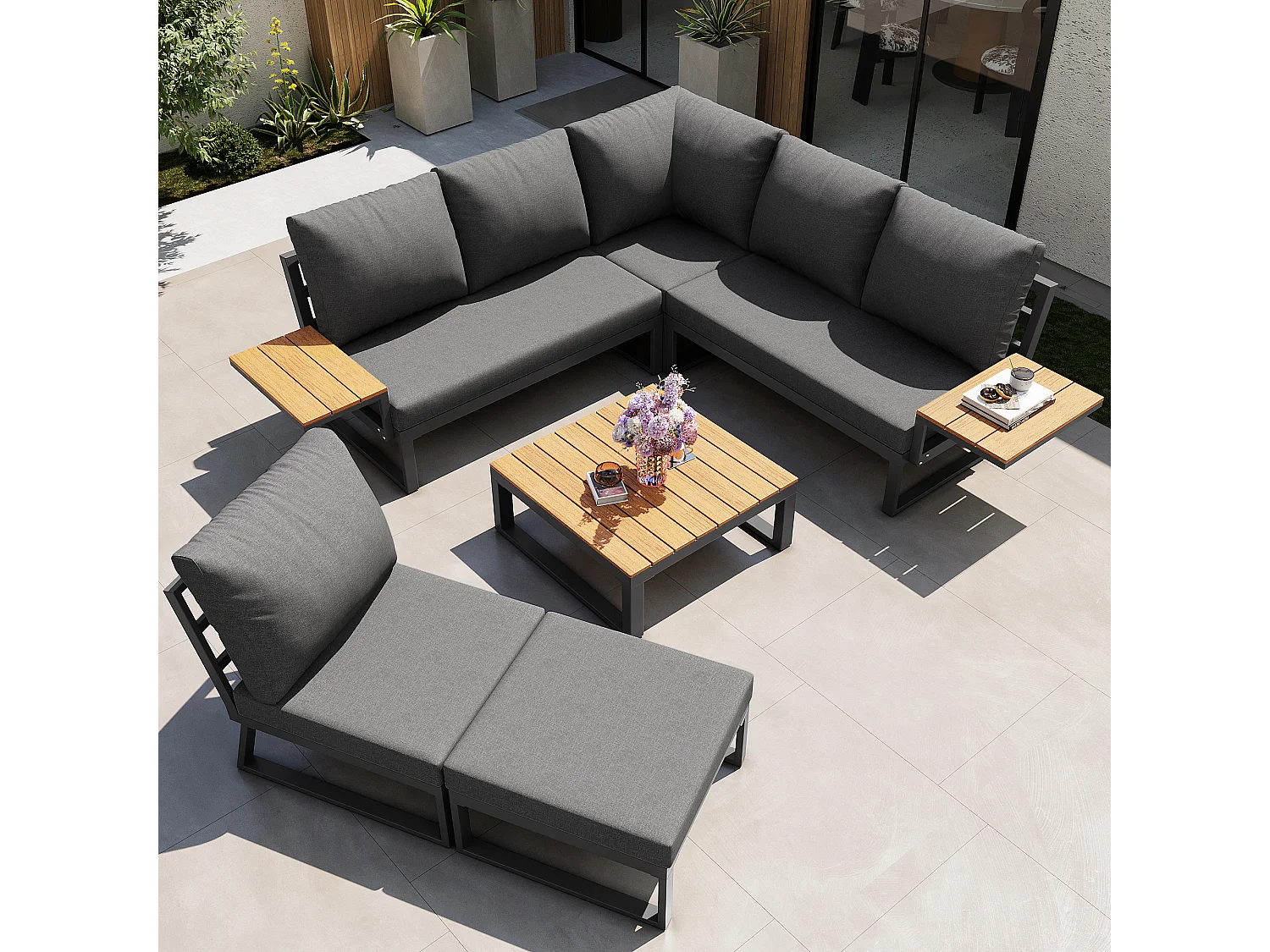 Garten-Salon, Möbelset aus Kunstholz für 6-7 Personen - Ecksofa - aus verzinktem Eisen - Tische - 1 Stuhl - Bank, Grau