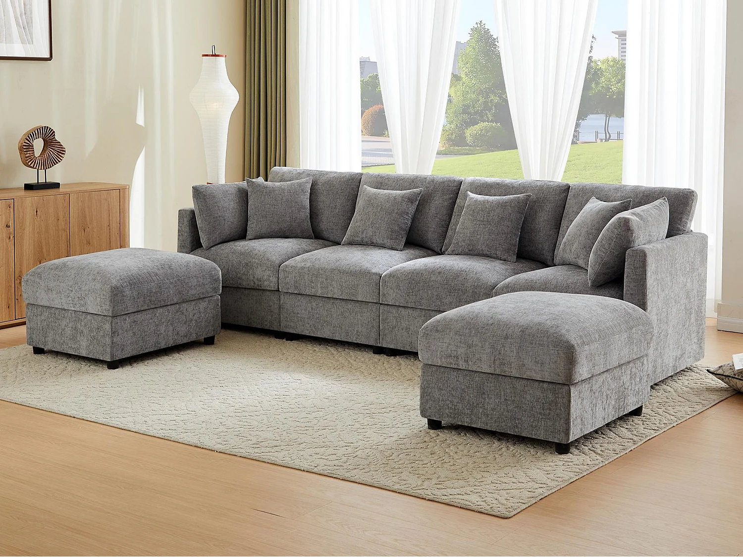 Canapé d'angle en U ou en L - 4 places - avec 2 poufs - accoudoirs réglables - avec 4 coussins + 2 appuie-têtes - gris