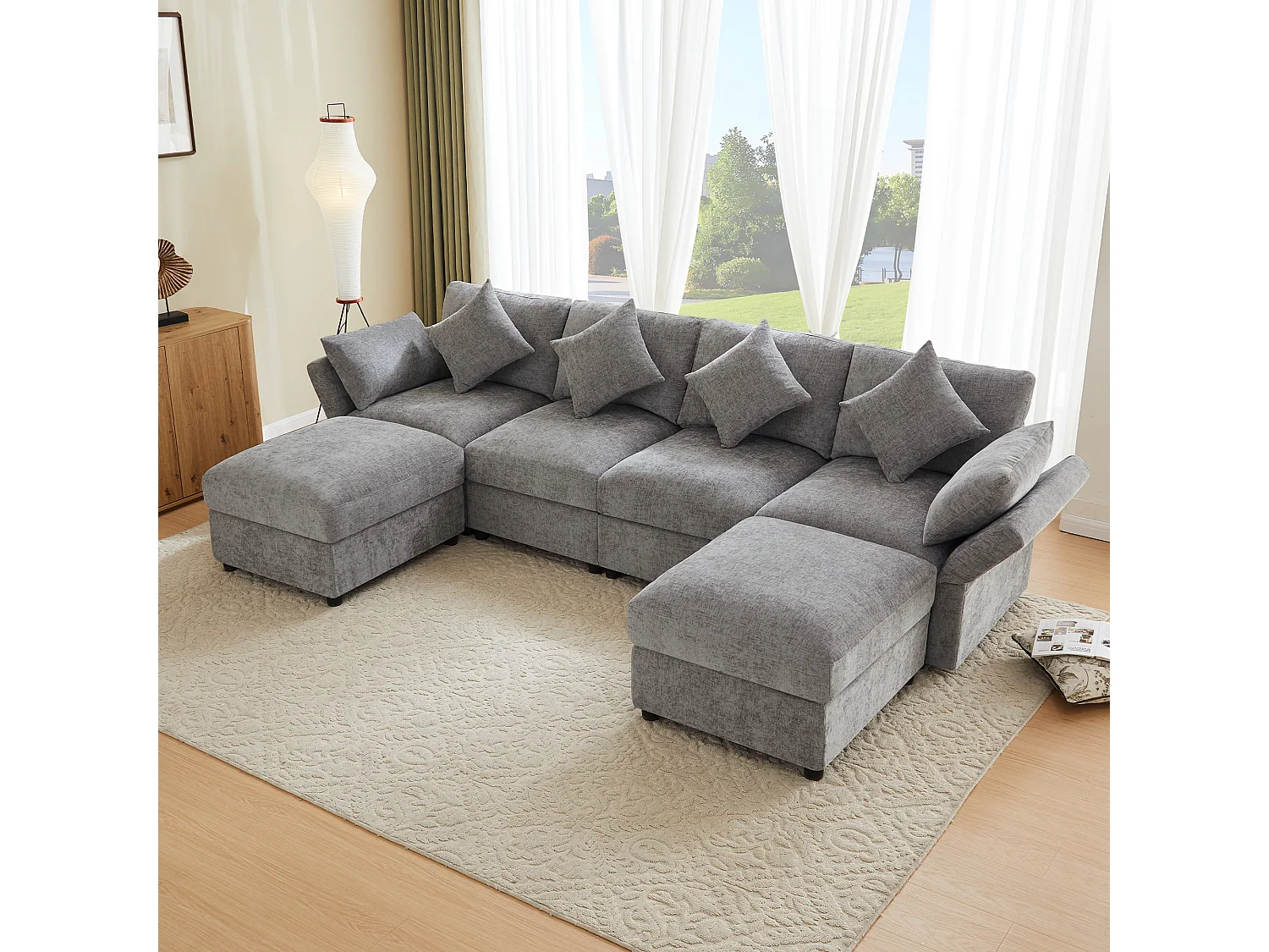 Canapé d'angle en U ou en L - 4 places - avec 2 poufs - accoudoirs réglables - avec 4 coussins + 2 appuie-têtes - gris
