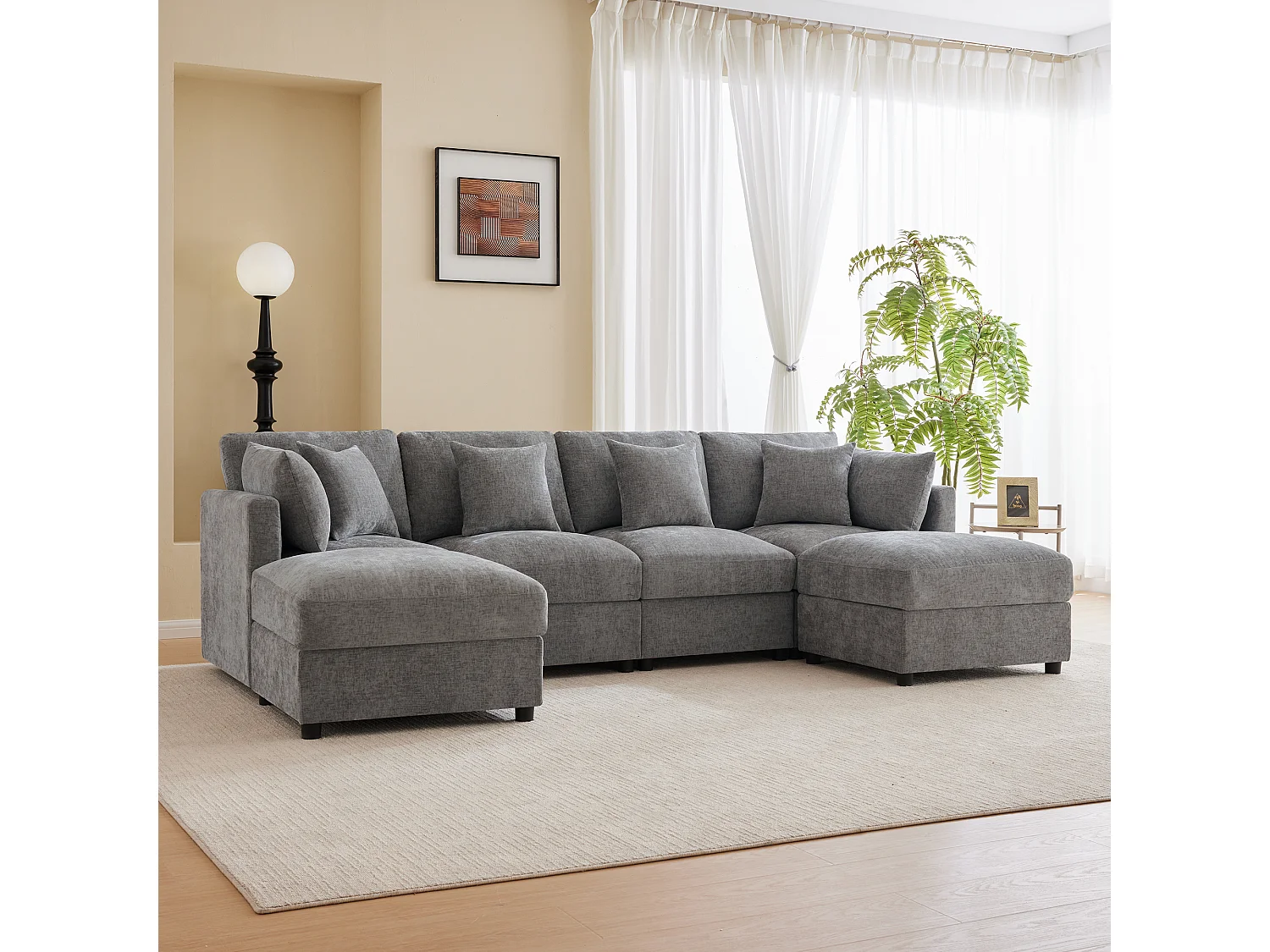 Canapé d'angle en U ou en L - 4 places - avec 2 poufs - accoudoirs réglables - avec 4 coussins + 2 appuie-têtes - gris