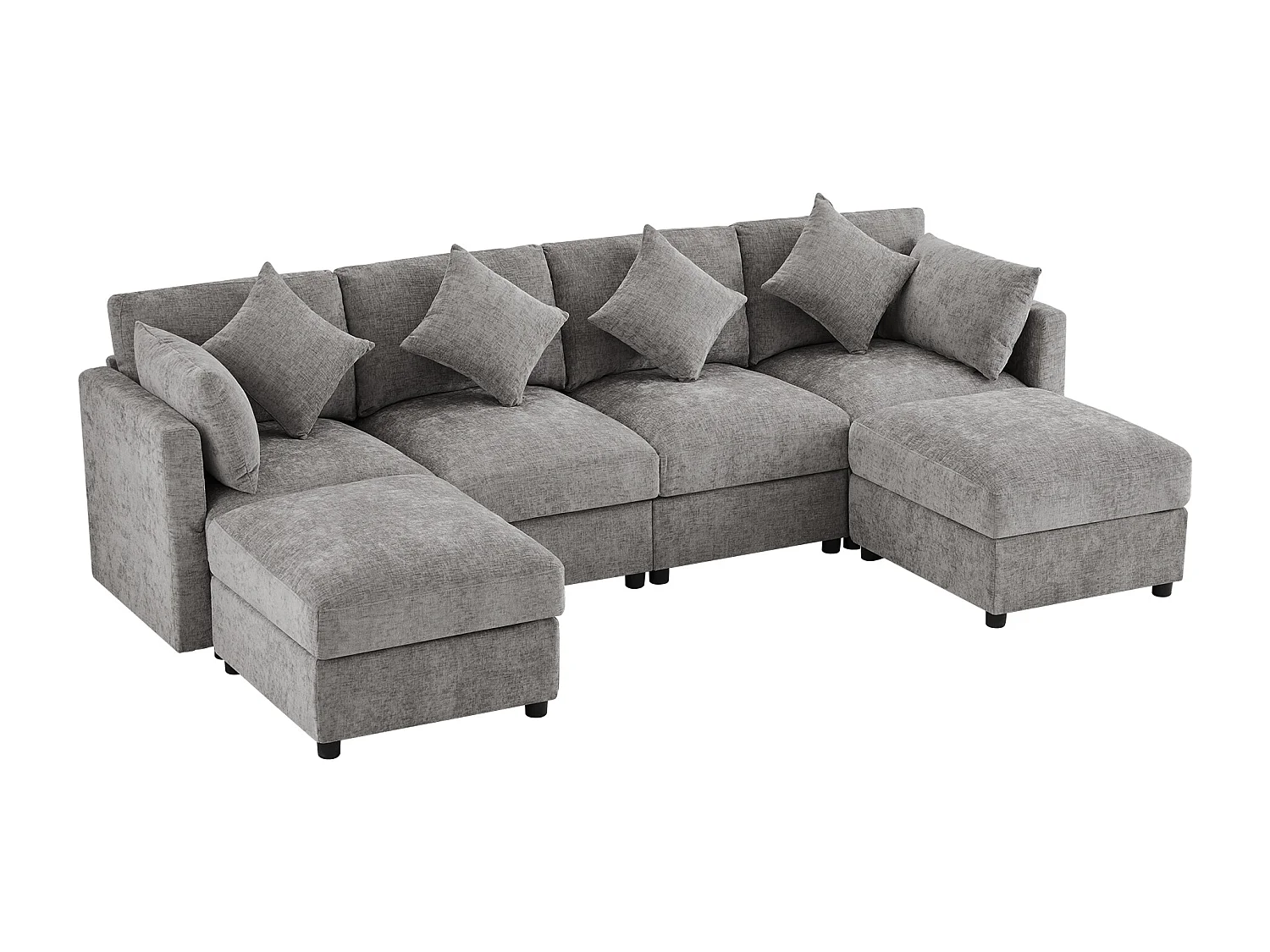 Canapé d'angle en U ou en L - 4 places - avec 2 poufs - accoudoirs réglables - avec 4 coussins + 2 appuie-têtes - gris
