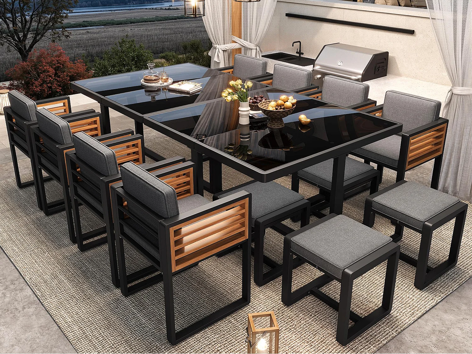 Garten-Esszimmer-Set für 10-12 Personen, 2 Esstische mit Glasplatte, aus verzinktem Eisen, 8 Sessel, 4 Hocker, grau