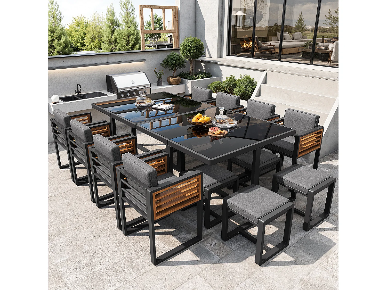 Garten-Esszimmer-Set für 10-12 Personen, 2 Esstische mit Glasplatte, aus verzinktem Eisen, 8 Sessel, 4 Hocker, grau