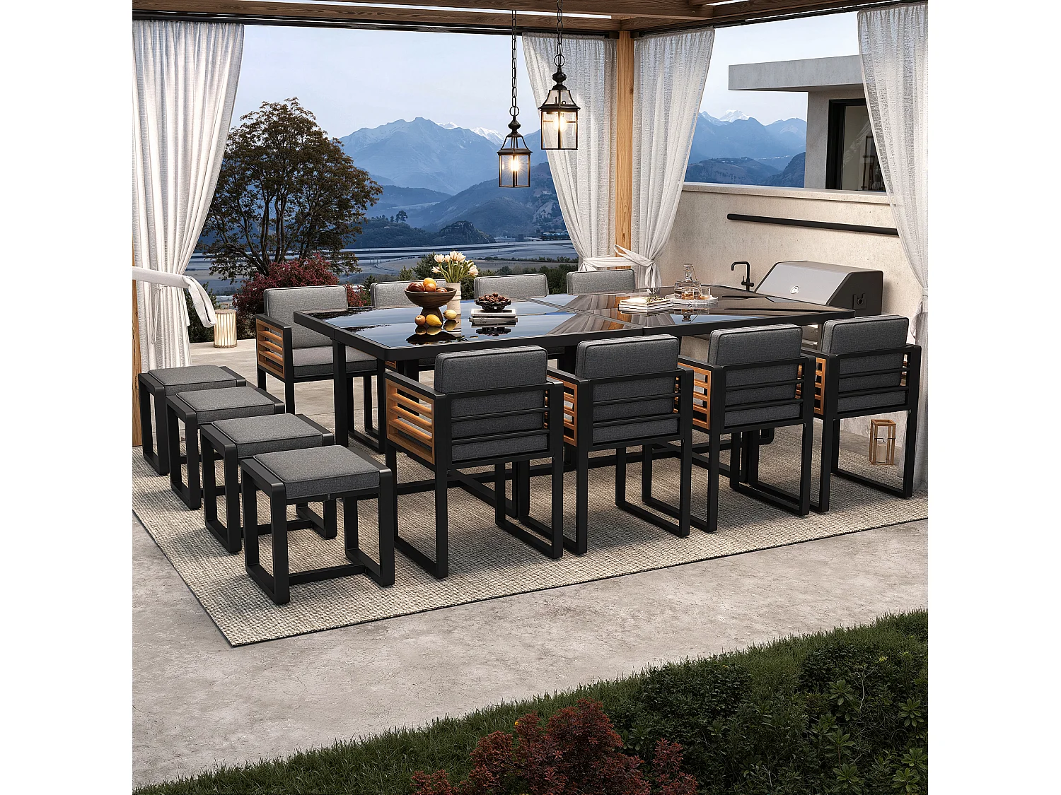 Garten-Esszimmer-Set für 10-12 Personen, 2 Esstische mit Glasplatte, aus verzinktem Eisen, 8 Sessel, 4 Hocker, grau