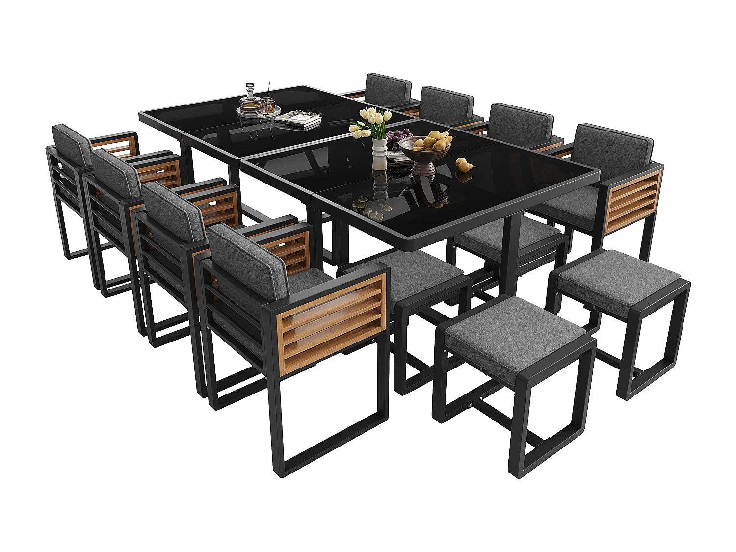 Garten-Esszimmer-Set für 10-12 Personen, 2 Esstische mit Glasplatte, aus verzinktem Eisen, 8 Sessel, 4 Hocker, grau