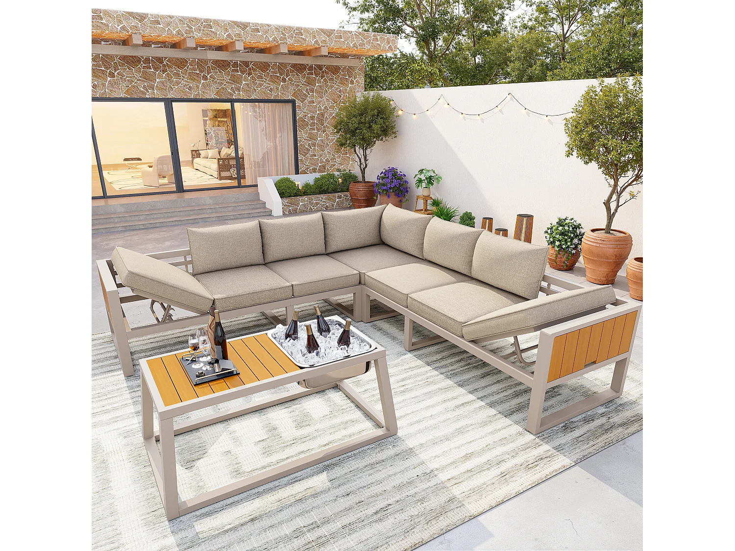 Salon de jardin - 6 places - en acier galvanisé - canapé d'angle - avec table basse - plateau en bois plastique -  et seau à glace en métal, Beige