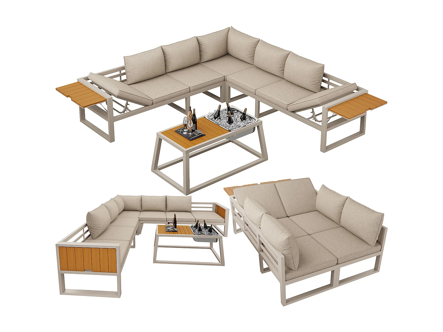 Salon de jardin - 6 places - en acier galvanisé - canapé d'angle - avec table basse - plateau en bois plastique -  et seau à glace en métal, Beige