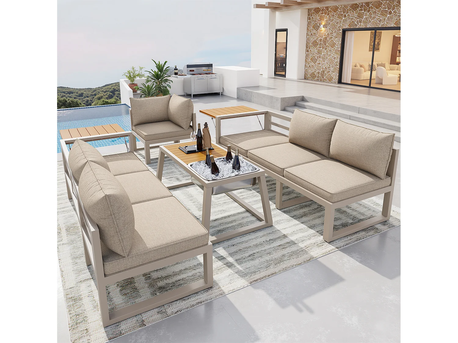 Salon de jardin - 6 places - en acier galvanisé - canapé d'angle - avec table basse - plateau en bois plastique -  et seau à glace en métal, Beige