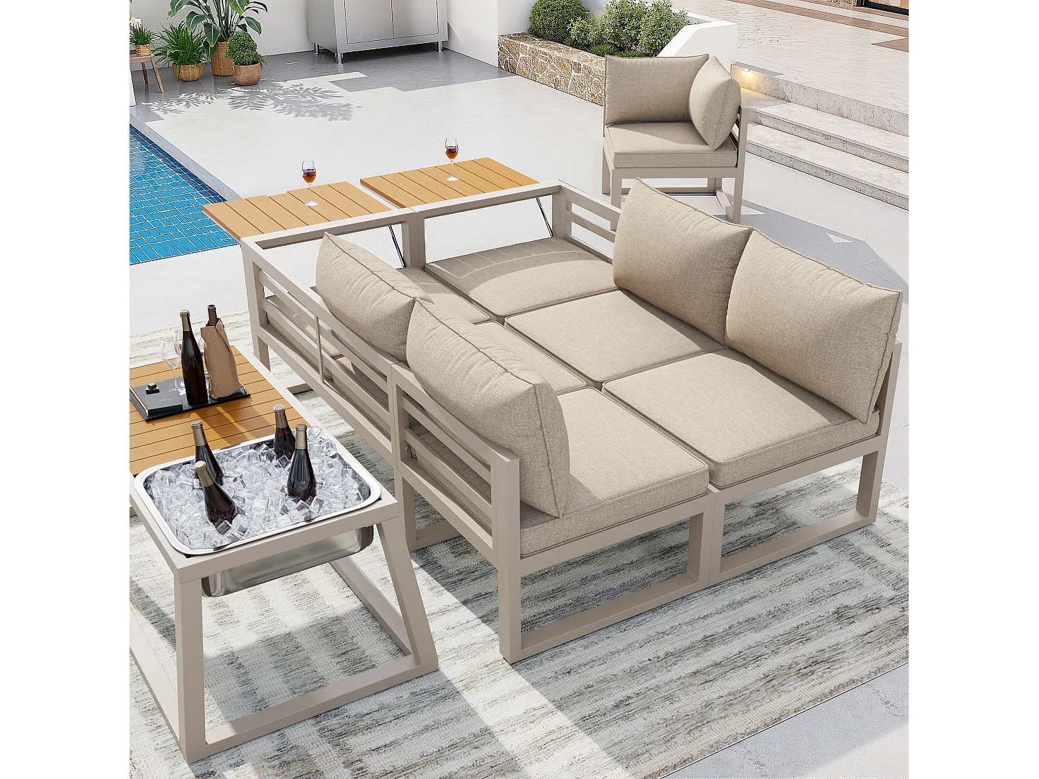 Salon de jardin - 6 places - en acier galvanisé - canapé d'angle - avec table basse - plateau en bois plastique -  et seau à glace en métal, Beige