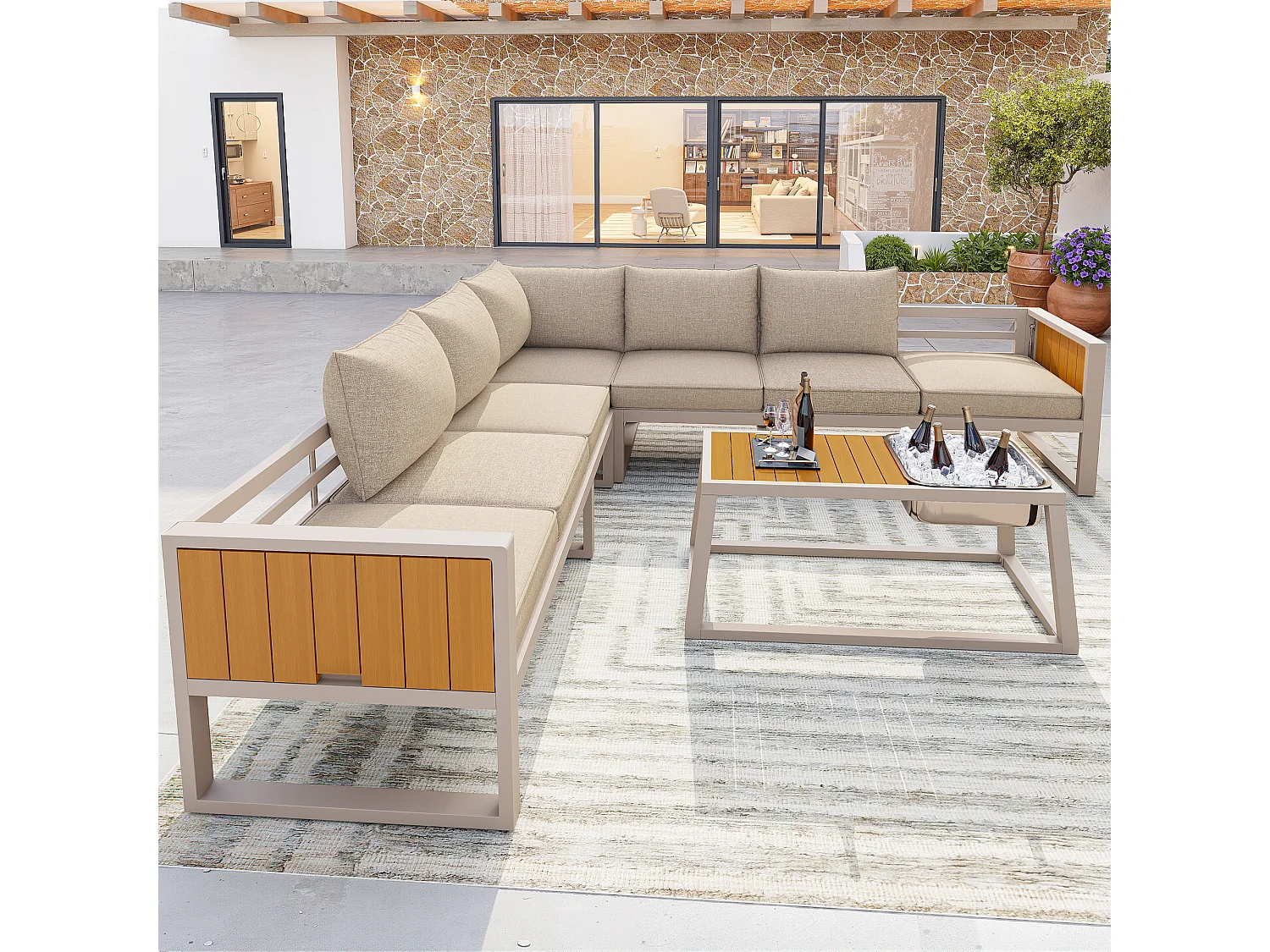 Salon de jardin - 6 places - en acier galvanisé - canapé d'angle - avec table basse - plateau en bois plastique -  et seau à glace en métal, Beige