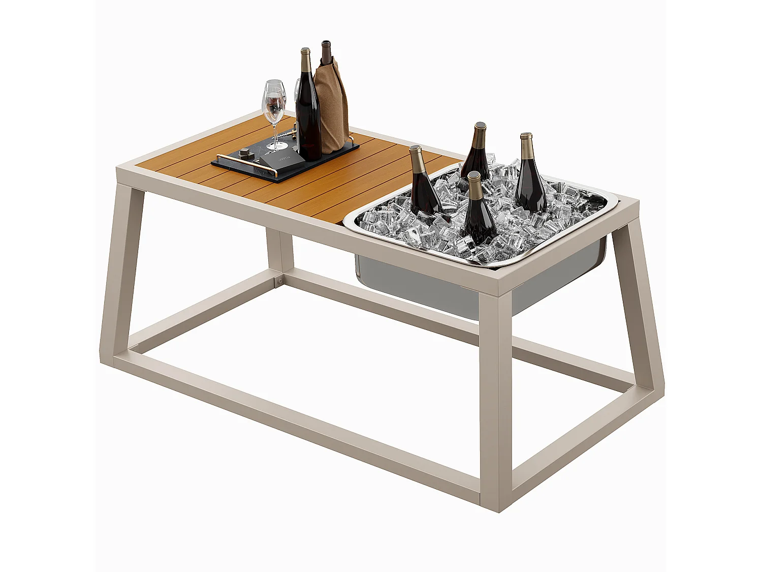 Salon de jardin - 6 places - en acier galvanisé - canapé d'angle - avec table basse - plateau en bois plastique -  et seau à glace en métal, Beige