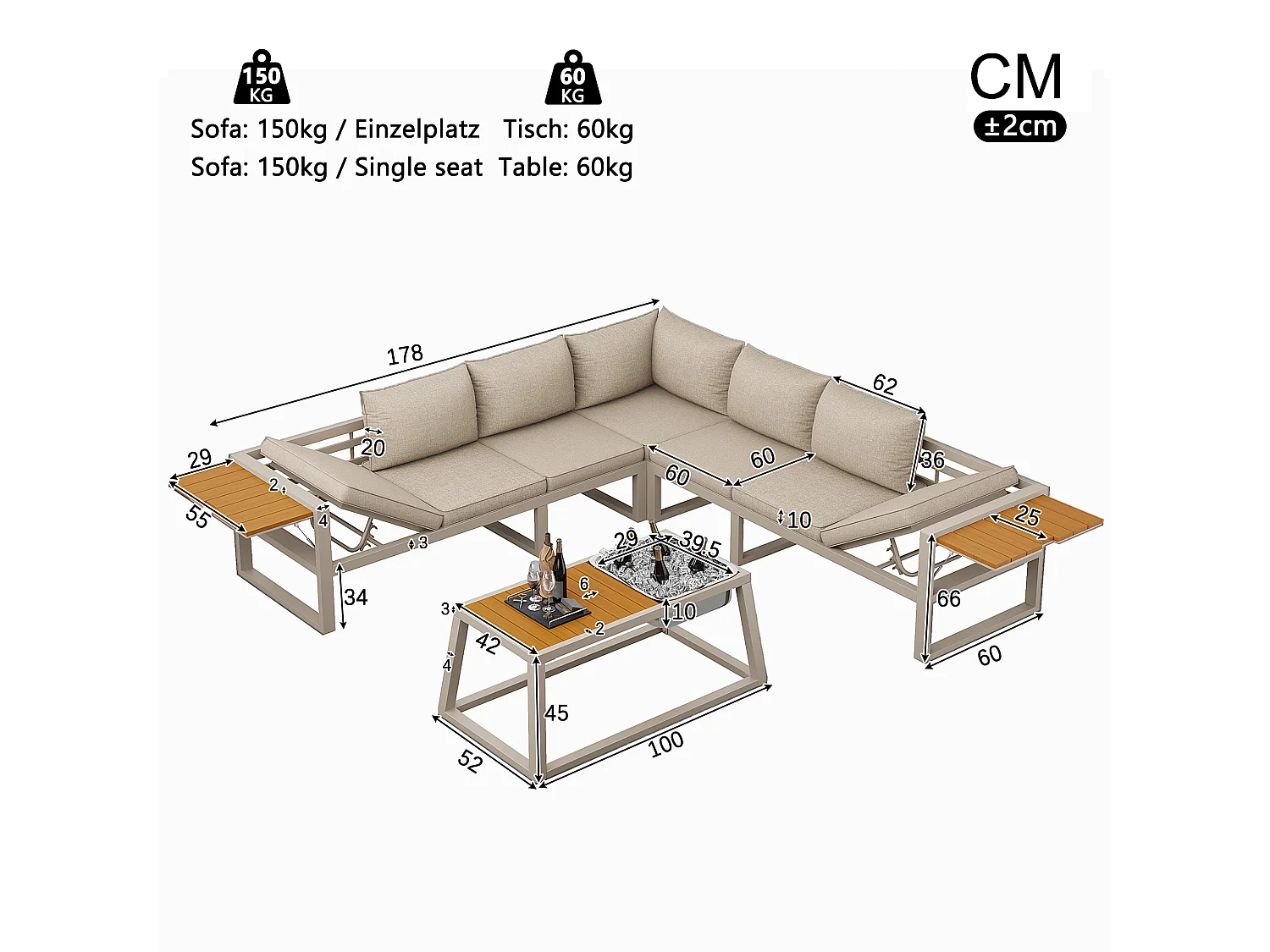 Salon de jardin - 6 places - en acier galvanisé - canapé d'angle - avec table basse - plateau en bois plastique -  et seau à glace en métal, Beige