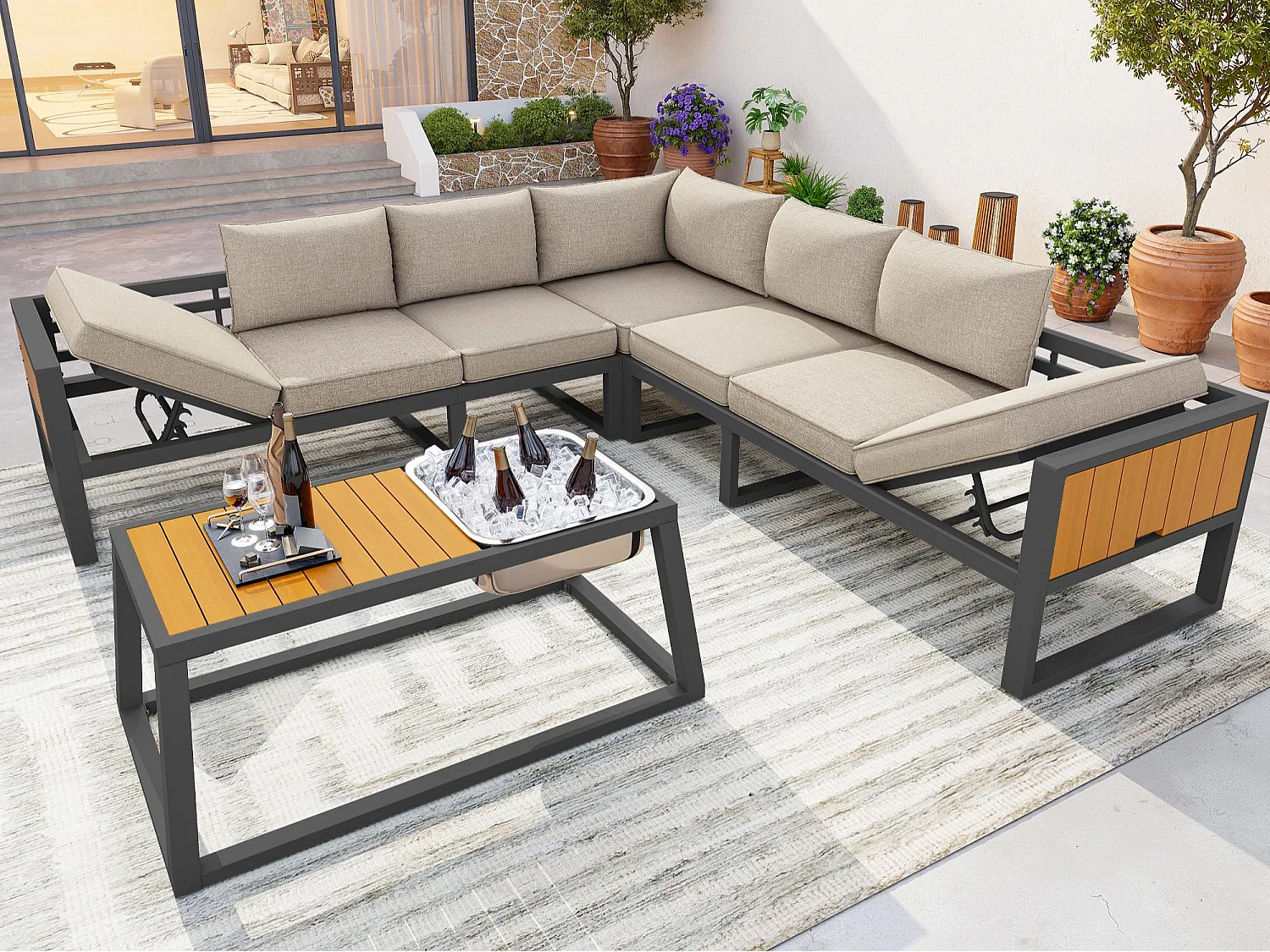 Tuinsalon - 6 zitplaatsen - van gegalvaniseerd staal - hoekbank - met salontafel - blad van kunsthout - en metalen ijsemmer, Beige