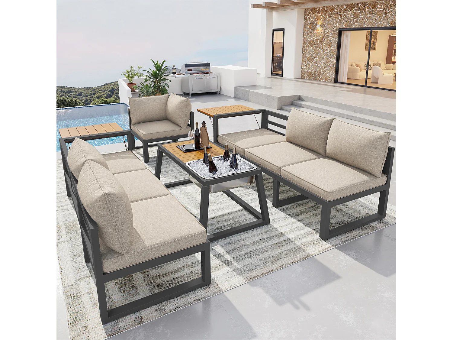 Tuinsalon - 6 zitplaatsen - van gegalvaniseerd staal - hoekbank - met salontafel - blad van kunsthout - en metalen ijsemmer, Beige