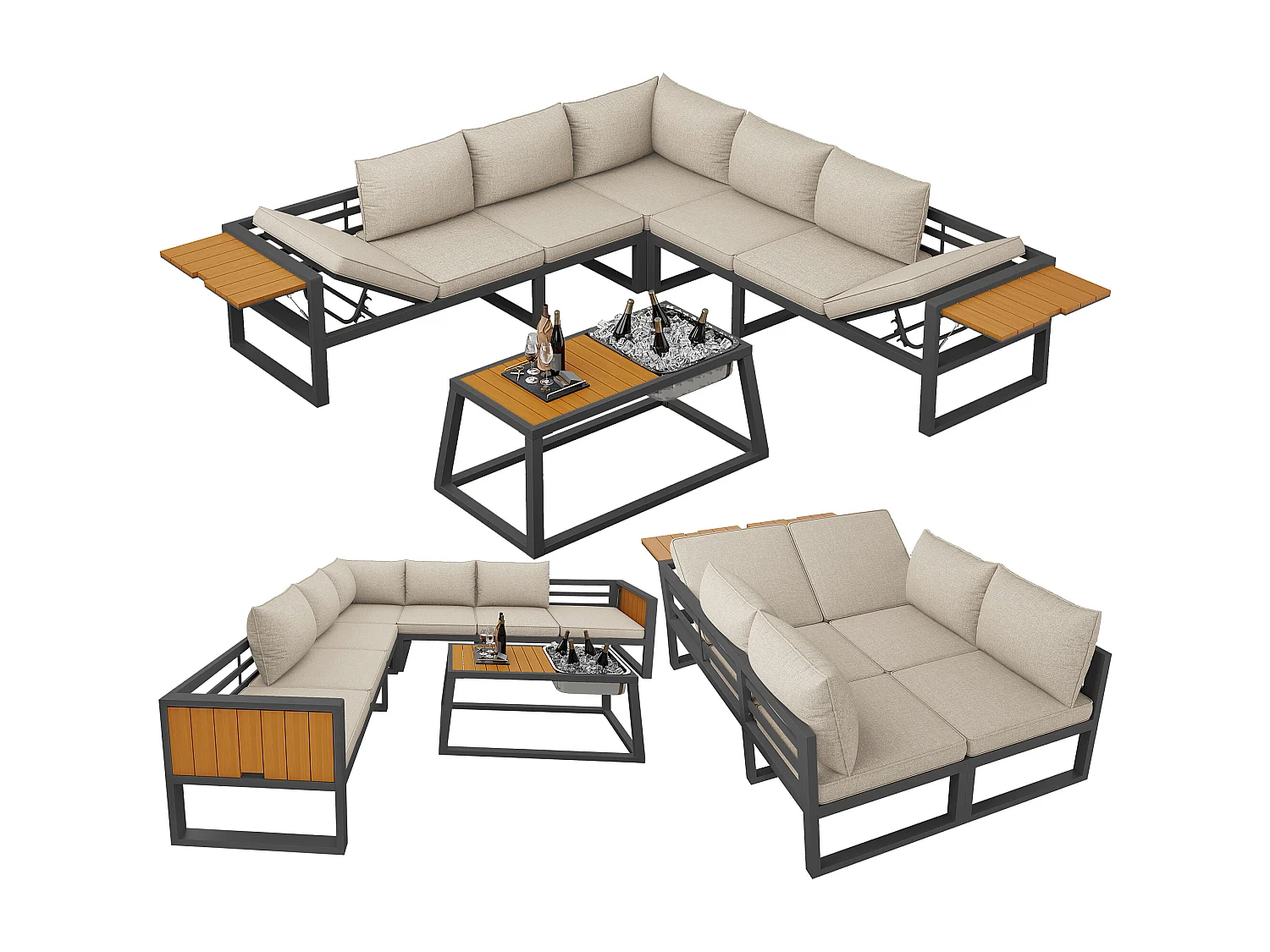 Tuinsalon - 6 zitplaatsen - van gegalvaniseerd staal - hoekbank - met salontafel - blad van kunsthout - en metalen ijsemmer, Beige