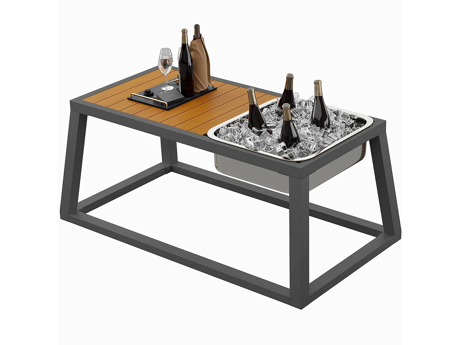 Tuinsalon - 6 zitplaatsen - van gegalvaniseerd staal - hoekbank - met salontafel - blad van kunsthout - en metalen ijsemmer, Beige