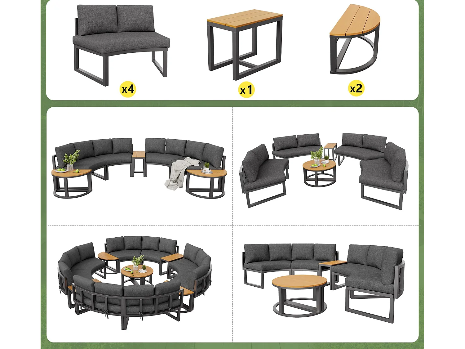 Trädgårdsmöbelset, för 6 personer, galvaniserat järn, 2 soffor, 2 soffbord, Grå