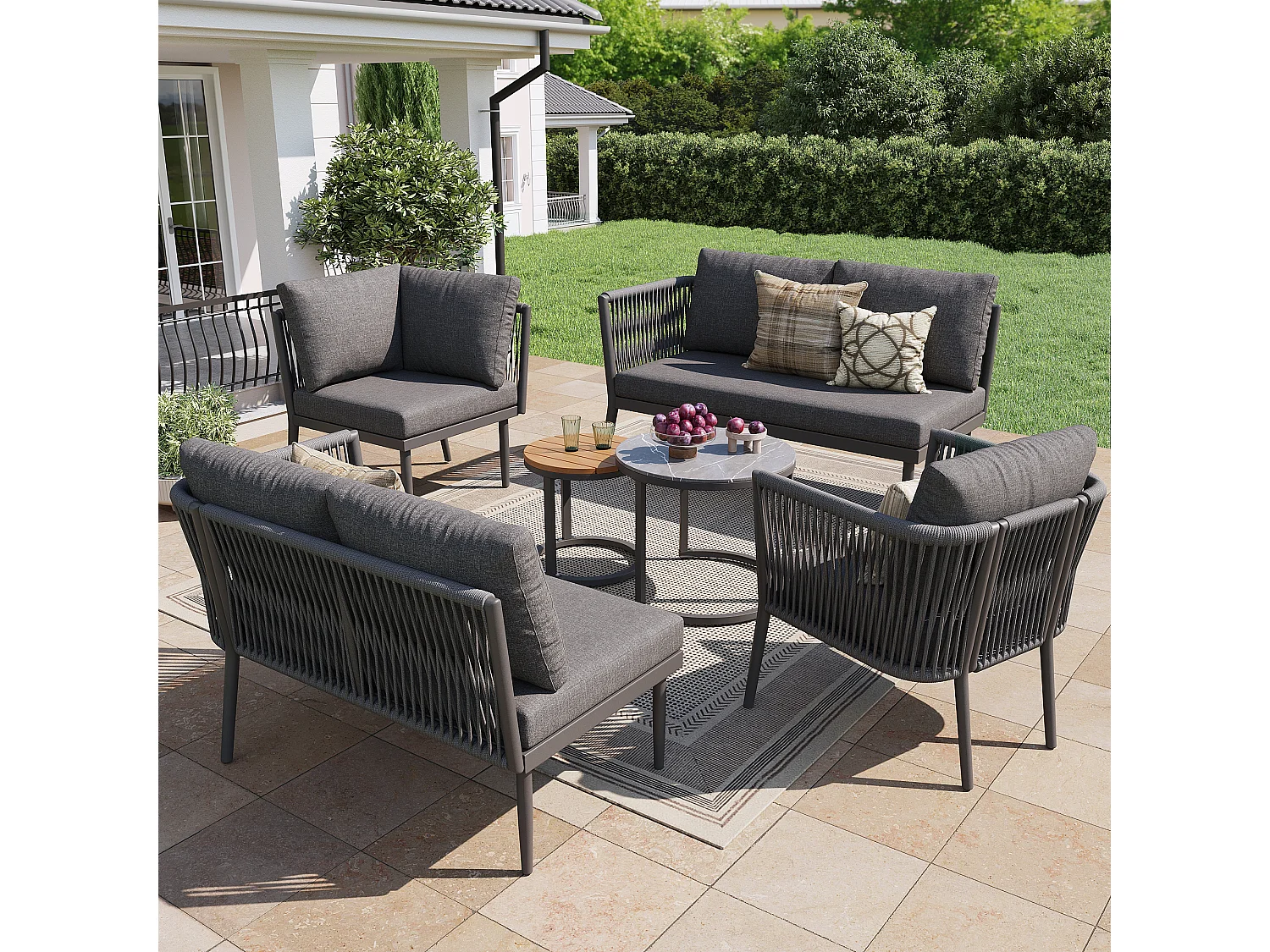 Salon de jardin, ensemble de meubles pour 5-6 places, en rotin PE, cordage, en fer galvanisé, canapé d'angle, 2 table basse, Gris