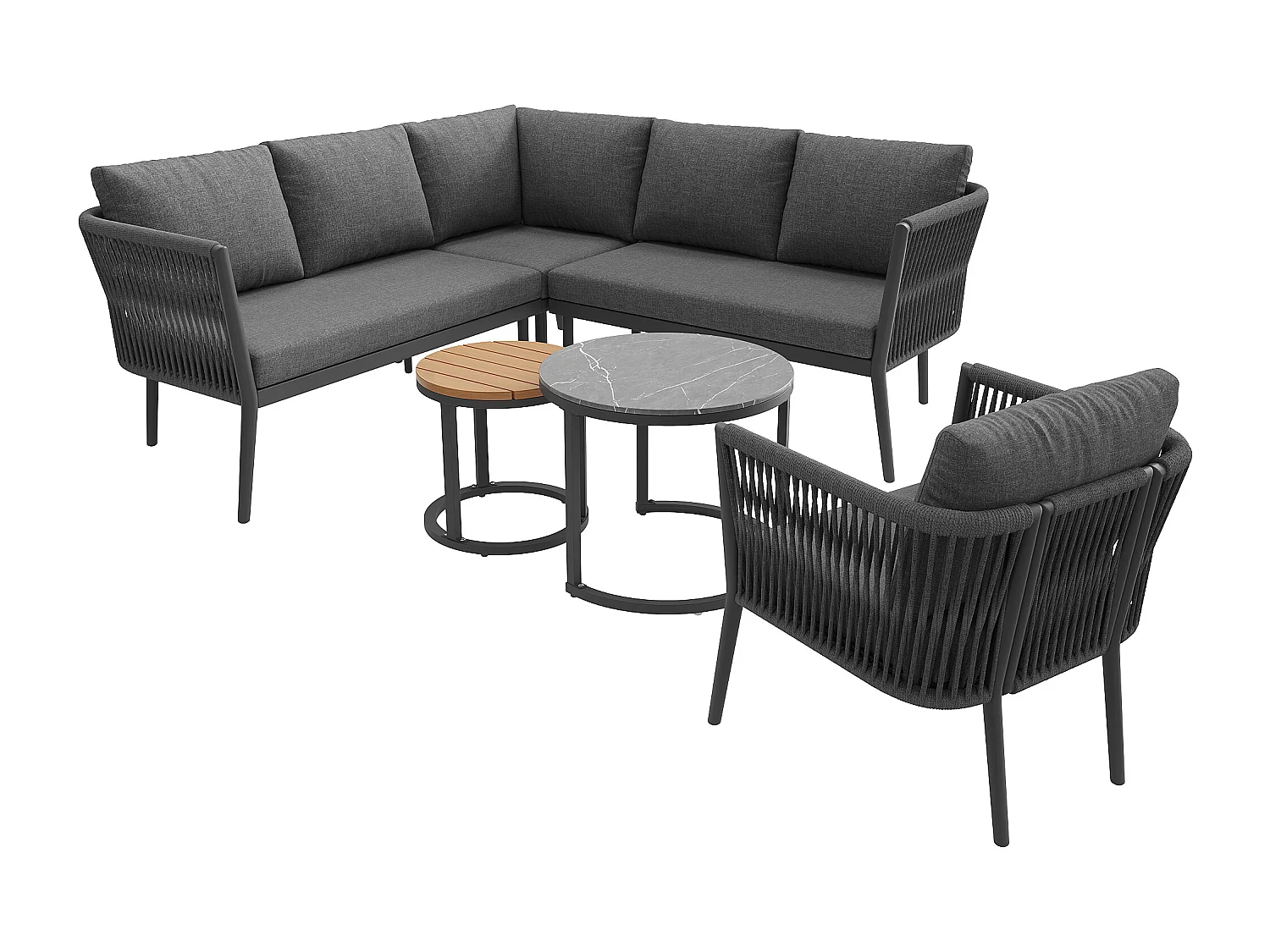 Salon de jardin, ensemble de meubles pour 5-6 places, en rotin PE, cordage, en fer galvanisé, canapé d'angle, 2 table basse, Gris