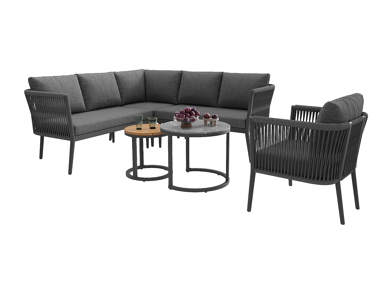 Salon de jardin, ensemble de meubles pour 5-6 places, en rotin PE, cordage, en fer galvanisé, canapé d'angle, 2 table basse, Gris