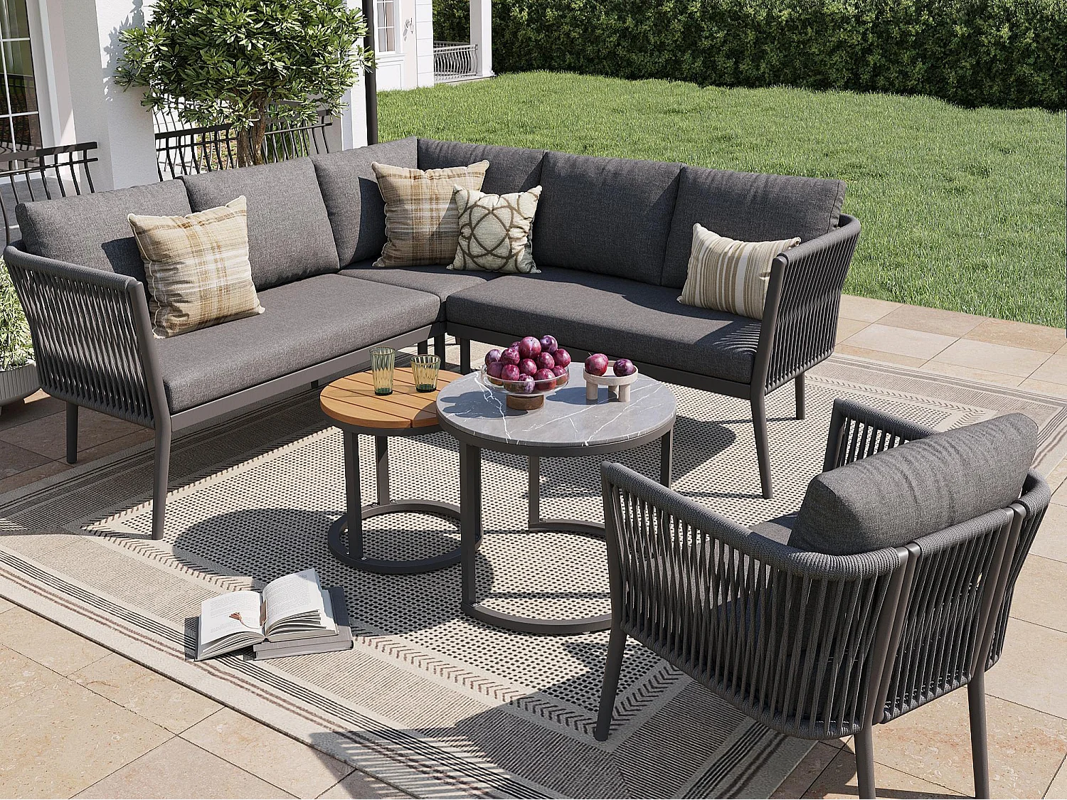 Salon de jardin, ensemble de meubles pour 5-6 places, en rotin PE, cordage, en fer galvanisé, canapé d'angle, 2 table basse, Gris