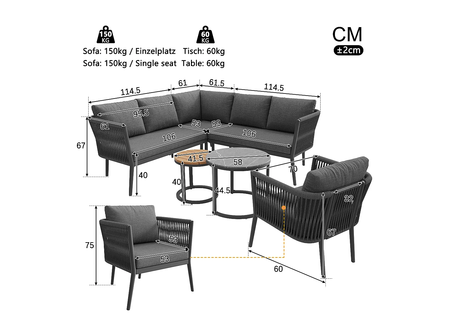 Salon de jardin, ensemble de meubles pour 5-6 places, en rotin PE, cordage, en fer galvanisé, canapé d'angle, 2 table basse, Gris