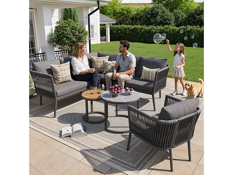 Salon de jardin, ensemble de meubles pour 5-6 places, en rotin PE, cordage, en fer galvanisé, canapé d'angle, 2 table basse, Gris